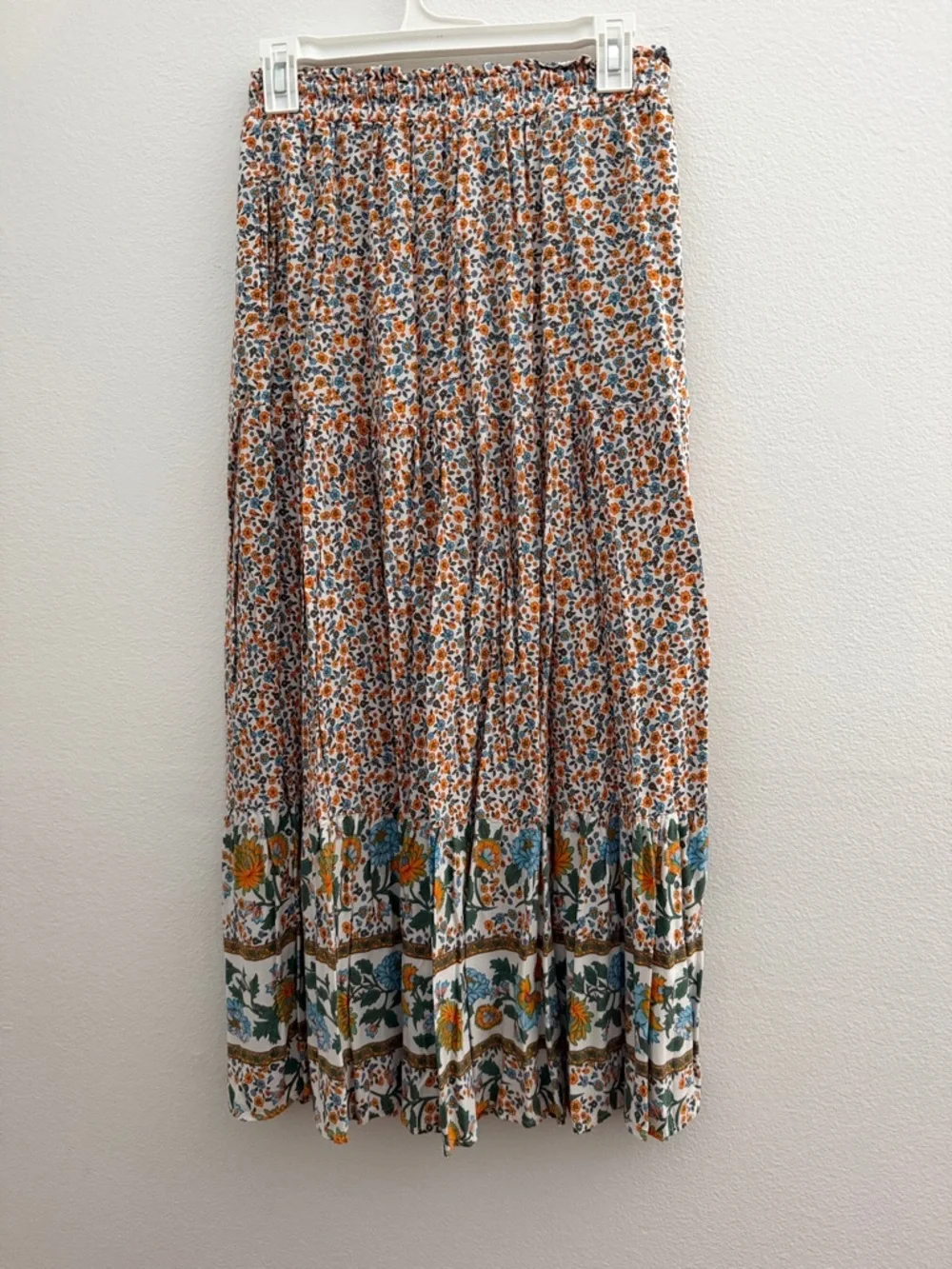 Boho Floral Tiered Maxi Skirt in White, Orange & Blue - Picture 3 of 4